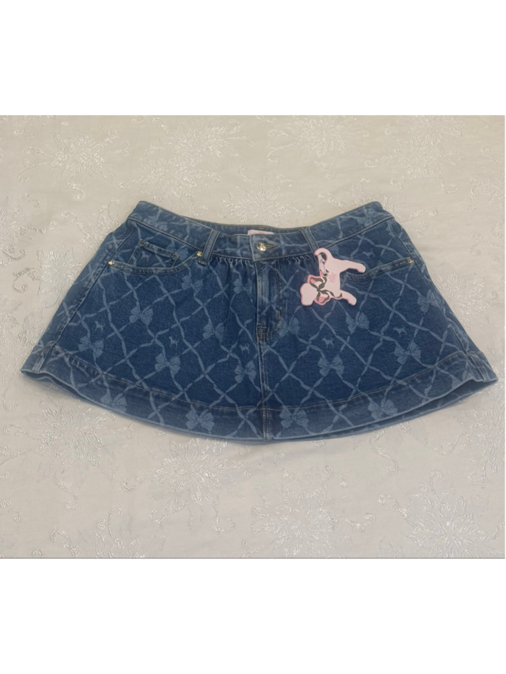 Love Shack Fancy x VS PINK Flirty Denim Mini Skirt Bow Print Size Medium - Picture 3 of 7